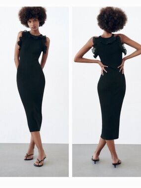Zara Black Ruffle-Shoulder Midi Dress